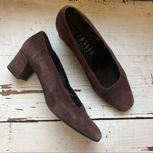 Vintage Amalfi Brown Suede Italian Leather Square Toe Block Heel Pumps